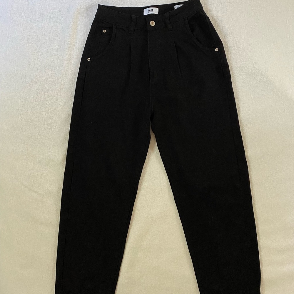 True black paper bag style pants, ultra high waisted
